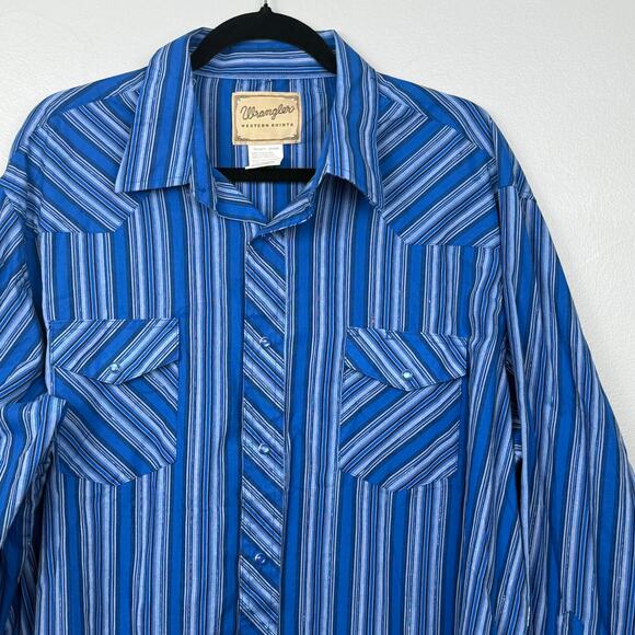 Wrangler Women’s 2XL Western Pearl Snap Shirt Blue Striped Metallic - Picture 1 of 8
